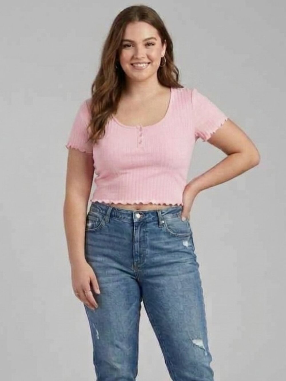 BP Crop Top Pastel Light Pink Buttons Casual Neutral Solid Texture Y2K Style